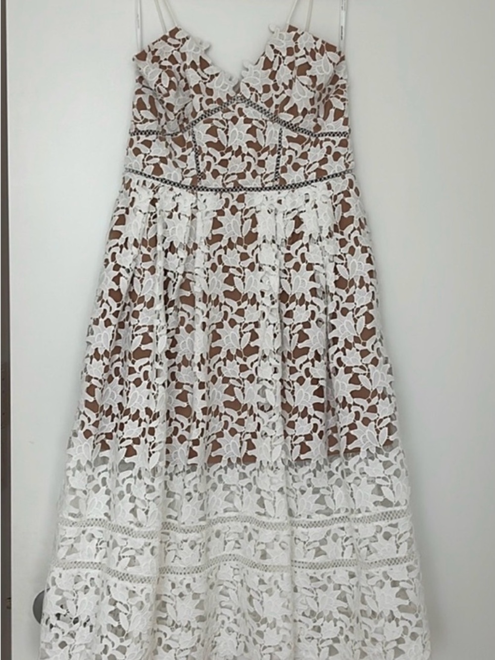 Women’s White Lace Overlay Dress with Tan Lining